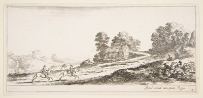 اللوحة 9: اثنان من الفرسان يسارا يسيران صعودا نحو اليمين ، حصان ويجلس م ... ، كاليفورنيا. 1641. بواسطة ستيفانو ديلا بيلا