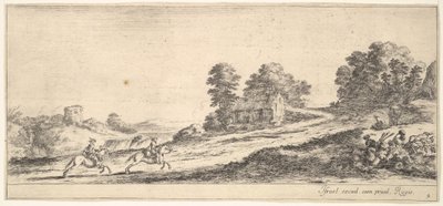 اللوحة 9: اثنان من الفرسان يسارا يسيران صعودا نحو اليمين ، حصان ويجلس م ... ، كاليفورنيا. 1641. بواسطة ستيفانو ديلا بيلا