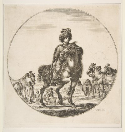 الفارس البولندي يواجه اليمين ، تكوين دائري ، من Figures on Horseback Cav ...، ca. 1651. بواسطة ستيفانو ديلا بيلا