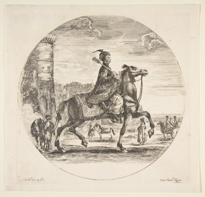 الفارس البولندي في الملف الشخصي الذي يواجه الحق ، وبرج وشخصيات أخرى على الخيول في الخلفية ... ، كاليفورنيا. 1651. بواسطة ستيفانو ديلا بيلا