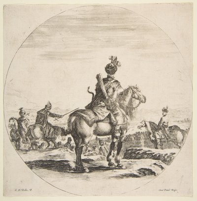 الفارس البولندي مع القوس والسهم ، ينظر من الخلف مع مواجهة حصانه الأيمن ، ... ، كاليفورنيا. 1651. بواسطة ستيفانو ديلا بيلا