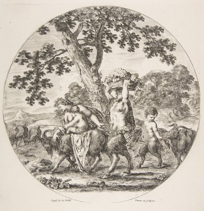 عائلة ساتير تسير نحو اليسار بماعز وسلة عنب ، كاليفورنيا. 1657. بواسطة ستيفانو ديلا بيلا