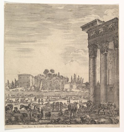 أعمدة معبد أنطونيوس إلى اليمين ، جزء من كامبو فايسينو في الوسط و ... ، 1656. بواسطة ستيفانو ديلا بيلا