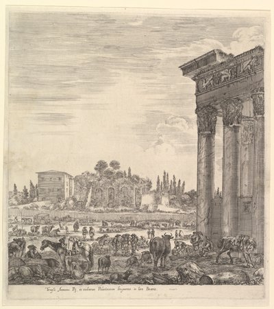 أعمدة معبد أنطونيوس إلى اليمين ، جزء من كامبو فايسينو في الوسط و ... ، 1656. بواسطة ستيفانو ديلا بيلا