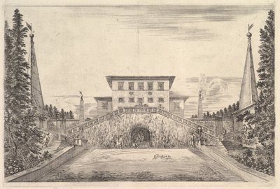 الفيلا في الوسط محاطة بأربع مسلات ، وسلم على كلا الجانبين ، وتمثال في ... ، كاليفورنيا. 1653. بواسطة ستيفانو ديلا بيلا