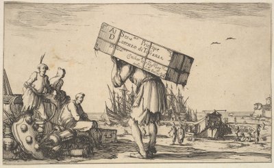 صفحة العنوان: رجل يحمل حقيبة على ظهره في المنتصف ، ثلاثة رجال يتطلعون إليه في ... ، 1639. بواسطة ستيفانو ديلا بيلا