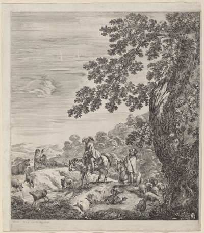 راكبان يمران بالقرب من قطيع من الحيوانات ، 1656. بواسطة ستيفانو ديلا بيلا