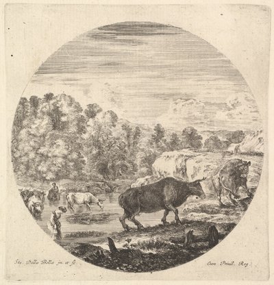 بقرتان في المنتصف ، تتبعهما سيدتان من الفلاحين وأبقار أخرى في النهر إلى كاليفورنيا. 1643-48. بواسطة ستيفانو ديلا بيلا