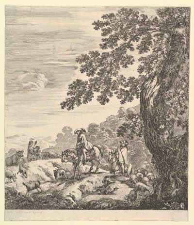 اثنان من الفرسان يمرون بقطيع ، يركبون نحو اليسار ، وفلاحة وصبي صغير ل ... ، كاليفورنيا. 1656. بواسطة ستيفانو ديلا بيلا
