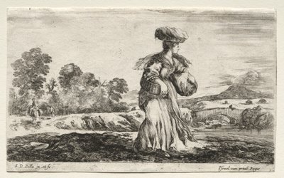 شخصيات ومناظر طبيعية مختلفة: امرأة فلاحية تحمل سلة على رأسها ، 1649. بواسطة ستيفانو ديلا بيلا