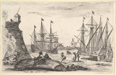 منظر لجزء من Calais Veue d'un coin de Calais ، رجل يجلس على زورق مقلوب ... ، 1647. بواسطة ستيفانو ديلا بيلا