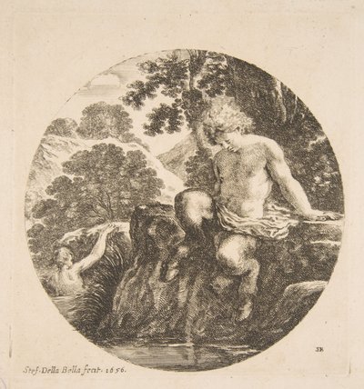 يونغ ساتير على وشك الاستحمام في نهر ، من "المناظر الطبيعية والموانئ" Paysages et port d ... ، 1656. بواسطة ستيفانو ديلا بيلا