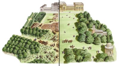 تطوير حدائق ستو ذات المناظر الطبيعية، باكينجهامشير، حوالي 1741-1780 (حبر وألوان مائية) بواسطة ستيفن كونلين