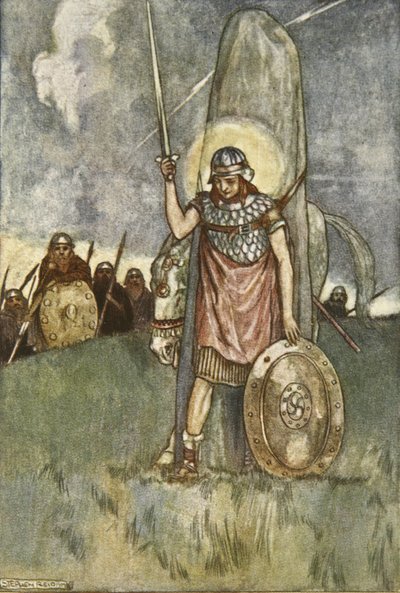 يأتي كوتشولين أخيرًا إلى وفاته ، رسم توضيحي من "كوتشولين ، كلب الصيد في أولستر" ، بقلم إليانور هال (1860-1935) بواسطة ستيفن ريد
