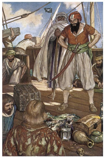 تمثيل قراصنة بارباريسك في البحر الأبيض المتوسط في "كتاب القراصنة الصبي" لهنري جيلبرت بواسطة ستيفن ريد