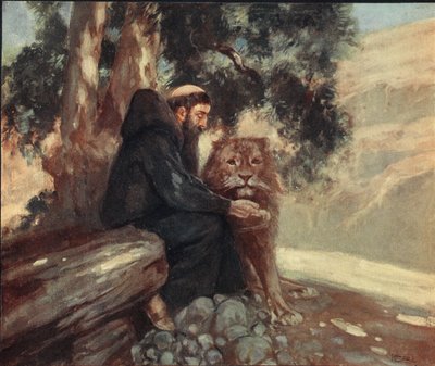 القديس جيروم والأسد، رسم توضيحي من "الخوذة والطربوش: قصص الرهبان والأوامر العسكرية" WM Letts and MFS Letts بواسطة ستيفن ريد