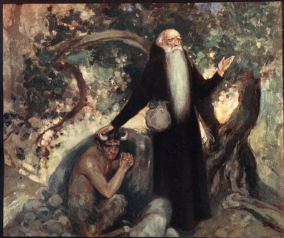 القديس أنتوني والساتير ، رسم توضيحي من "خوذة وقلنسوة: قصص الرهبنة والرتب العسكرية" و. ليتس و م. ليتس بواسطة ستيفن ريد