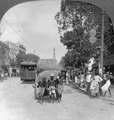 شارع دالهوزي ، الأكثر ازدحامًا في المدينة ، رانغون ، بورما ، 1908 بواسطة شركة السفر ستيريو