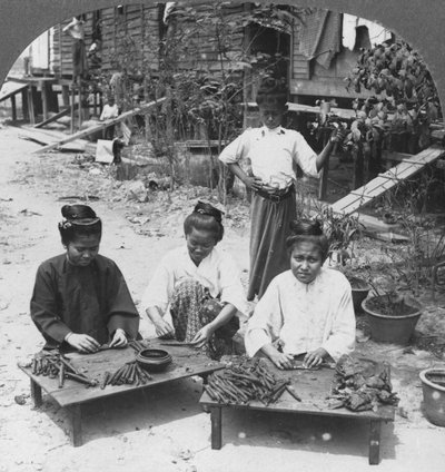 صنع السيجار الضخم الذي تدخنه النساء ، بورما ، 1908 بواسطة شركة السفر ستيريو