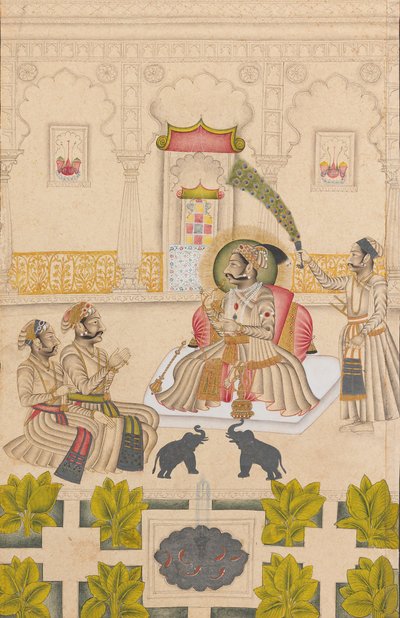 ماهارانا عمار سينغ الثاني يظهر فيلان فضيان ، كاليفورنيا. 1705. بواسطة سيد Stipple