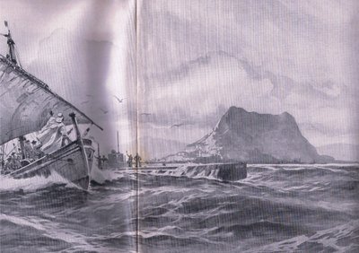 غواصة ألمانية تسافر عبر مضيق جبلتر في طريقها إلى Dardenelles ، من حانة التاريخ المصور للحرب العالمية 1914-1915. بواسطة Union Berlagsefellfchaft بواسطة ويلي ستور