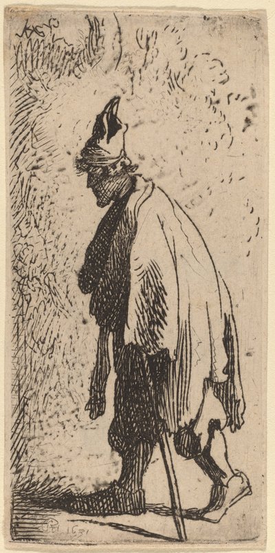 المتسول بعصا يمشي إلى اليسار بواسطة Studio of Rembrandt van Rijn