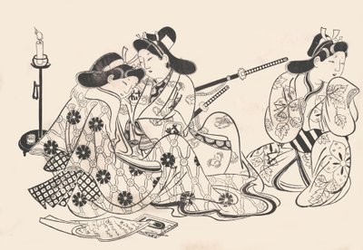 Samurai and Courtesan Seated ، خادم بجانبهما ، كاليفورنيا. 1685. ، كاليفورنيا. 1685. بواسطة سوجيمورا جيهي