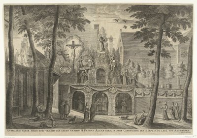 نصب Stellage في أنتويرب بمناسبة تقديس بيتر الكانتارا عام 1669 صور من الحجر الصخري مزينة تكريما للقديس بيتر الكانتارا في تزامن تقديس العاشر. MDCLXIX إلى أنتويرب (العنوان على الكائن) بواسطة سوزانا فيربروجن (ربما)