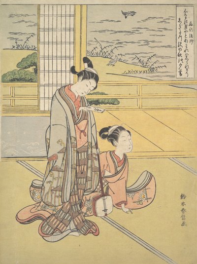 شاب وامرأة مع Shamisen ، الراهب Saigyo ، من سلسلة تلمح إلى Thre ...، ca. 1768. بواسطة سوزوكي هارونوبو