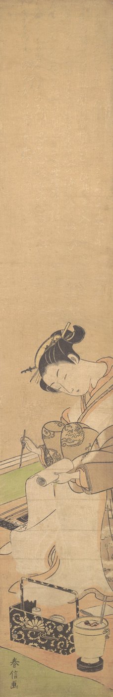Oiran جالسًا على سرير ، يكتب رسالة ، كاليفورنيا. 1769. ، كاليفورنيا. 1769. بواسطة سوزوكي هارونوبو