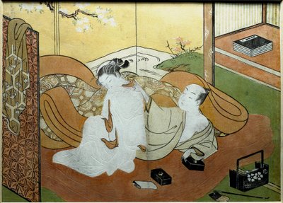 زوجان من العشاق يرقدان في الداخل مع شاشة ، مربع الخط طباعة Nishiki-e (Nishiki e) لسوزوكي هارونوبو (1725 حوالي 1770) 1765 تقريبًا. الشمس. 20،6x27،8 سم مجموعة خاصة بواسطة سوزوكي هارونوبو