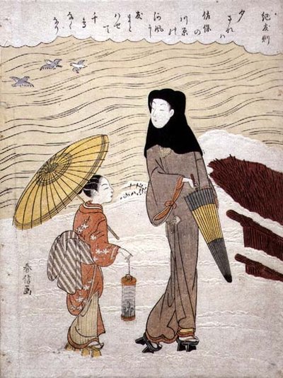 سيدة وخادمة تمشيان بجوار النهر ، حوالي عام 1767 (نقش على الخشب مع نقش وميض) بواسطة سوزوكي هارونوبو