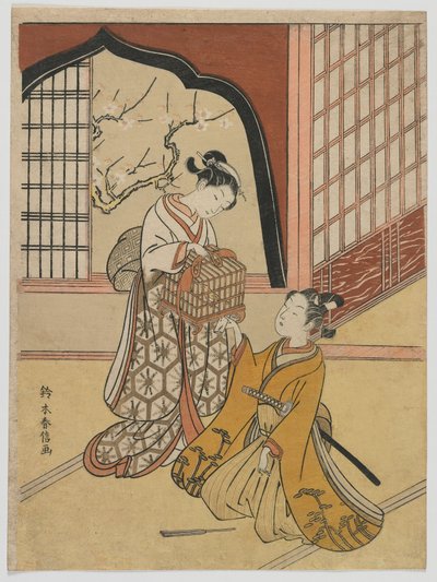 عشاق قفص الطيور ، فترة إيدو ، c.1766-67 (طباعة كتلة خشبية ملونة) بواسطة سوزوكي هارونوبو