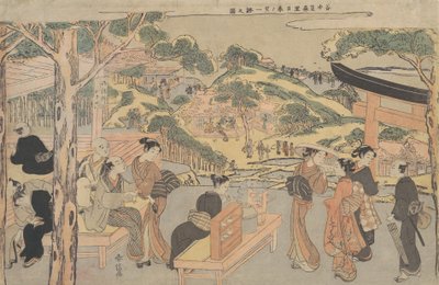 Osen of the Kagiya Teahouse at Kasamori Shrine with a view of Nippori in Yanaka، ca. 1768.، CA. 1768 بواسطة سوزوكي هارونوبو
