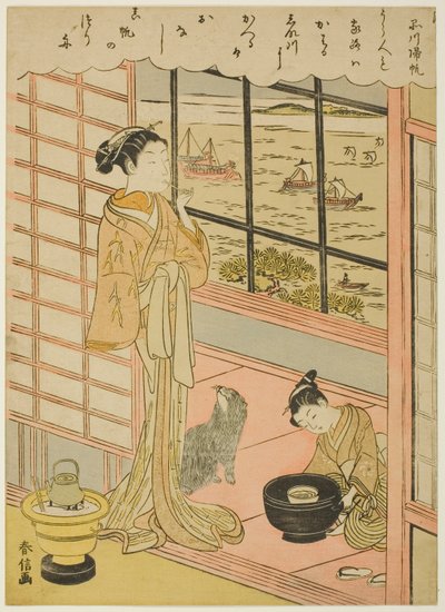 عودة الأشرعة في Shinagawa (Shinagawa no kihan) ، من سلسلة "ثمانية مناظر عصرية لإيدو (Furyu Edo hakkei)" بواسطة سوزوكي هارونوبو