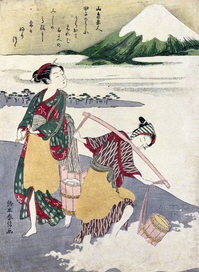 ملح البكر على شاطئ Tago-no-ura مع جبل. فوجي خلف (طباعة كتل خشبية ملونة) بواسطة سوزوكي هارونوبو