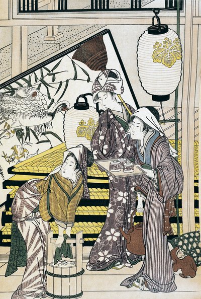 الخدم يكدحون في المنزل ، فن أوكييو-إي مطبوع لسوزوكي هارونوبو (1725-1770) ، نقش خشبي ، الحضارة اليابانية ، فترة إيدو بواسطة سوزوكي هارونوبو
