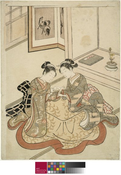 مهد الشابات يلعبن قطة، c.1767-68 بواسطة سوزوكي هارونوبو