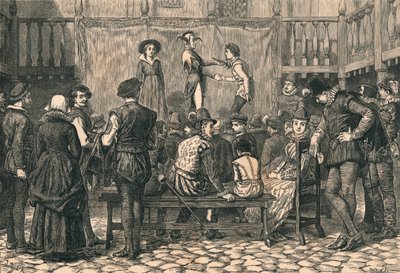 مسرحية في لندن إن يارد ، في زمن الملكة إليزابيث ، c1873. بواسطة سوين