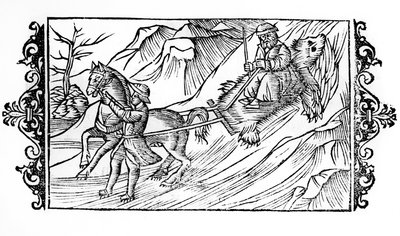 حصان يجر على الثلج جلد دب يجلس عليه فنلندي - في "" De Gentibus septrionalibus "لرئيس الأساقفة Olaus Magnus ، السويد بواسطة المدرسة السويدية