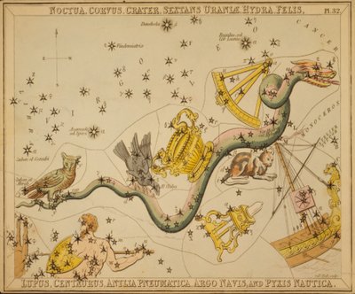 Noctua و Corvus و Crater و Sextans of Urania و Hydra و Felis و Lupus و Centaurus و Antlia Pneumatica و Argo Ship و Pyxis Nautica ، رسم توضيحي من 'مرآة Urania' بواسطة قاعة سيدني