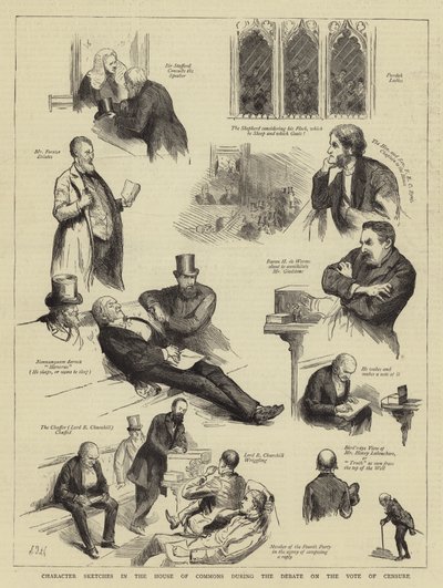 اسكتشات الشخصيات في مجلس العموم أثناء النقاش حول تصويت اللوم بواسطة Sydney Prior Hall