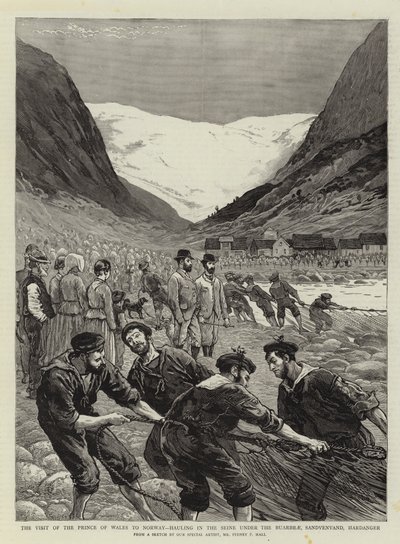 زيارة أمير ويلز للنرويج ، والترحيل في نهر السين تحت Buarbrae ، Sandvenvand ، Hardanger بواسطة Sydney Prior Hall