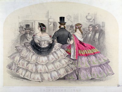 السيدات يرتدين الكرينولين في الأوبرا الملكية الإيطالية ، كوفنت غاردن ، 1859 (نقش الألوان) بواسطة TH Guerin