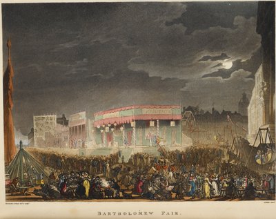معرض بارثولوميو. أقيم لأول مرة في عام 1813 ، كان حدثًا سنويًا ، كل شهر أغسطس بالقرب من سميثفيلد وكان أطول مسار في لندن من مسرح الشارع. بواسطة T. & Pugin AC (1762 1832) (بعد) رولاندسون