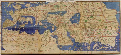 نسخة من عام 1929 مع أسماء مترجمة إلى نص لاتيني من 1154 العربية Tabula Rogeriana ، مقلوبة رأسًا على عقب مع اتجاه الشمال لأعلى بواسطة TabulaRogeriana.jpg