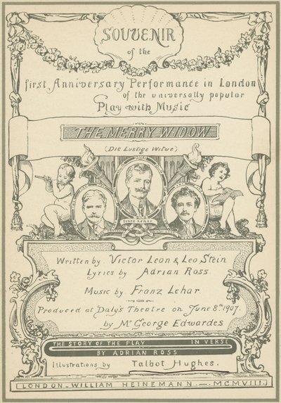 صفحة العنوان التذكارية لأداء الذكرى السنوية الأولى في لندن لـ The Merry Widow (لون ليثو) بواسطة تالبوت هيوز