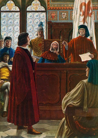 استدعت Cosimo dei Medici للمثول أمام Signoria للدفاع عن نفسه ضد أعدائه في عام 1433 بواسطة تانكريدي سكاربيللي