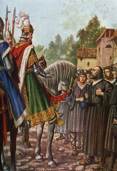 الإمبراطور فريدريك الأول باربيروسا (1122-1190) في رحلته الثانية إلى إيطاليا عام 1158 يمر عبر نهر أدا ويلتقي بأهل لودي الذين يتوسلون إليه لاستعادة أراضيهم. تانكريدي سكاربيللي (1866-1937) من "Storia d