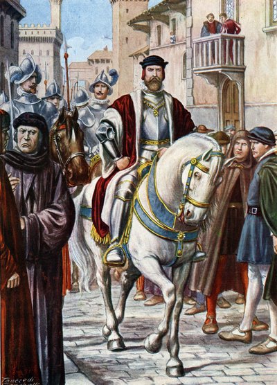 صورة لكوزيمو (تعال) الأول من توسكانا (كوزيمو دي ميديشي) (1519-1574) ، وهي تتجول في شوارع فلورنسا ، وتحيط بأعضاء ميليشياته المكونة من جنود إسبان وألمان (صورة كوزيمو الأول دي ميديشي ، دوق توسكانا الأكبر ، محمي بواسطة تانكريدي سكاربيللي
